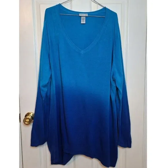 Catherines Cobalt Blue Ombre V Neck Pullover Sweater Sharkbite Hem Boho Size 3X - Picture 1 of 8